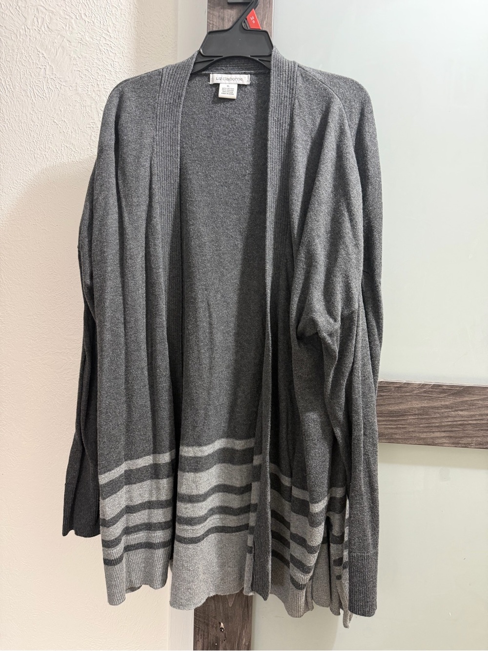 Liz Claiborne Gray Open-Front Cardigan with Light Gray Stripes